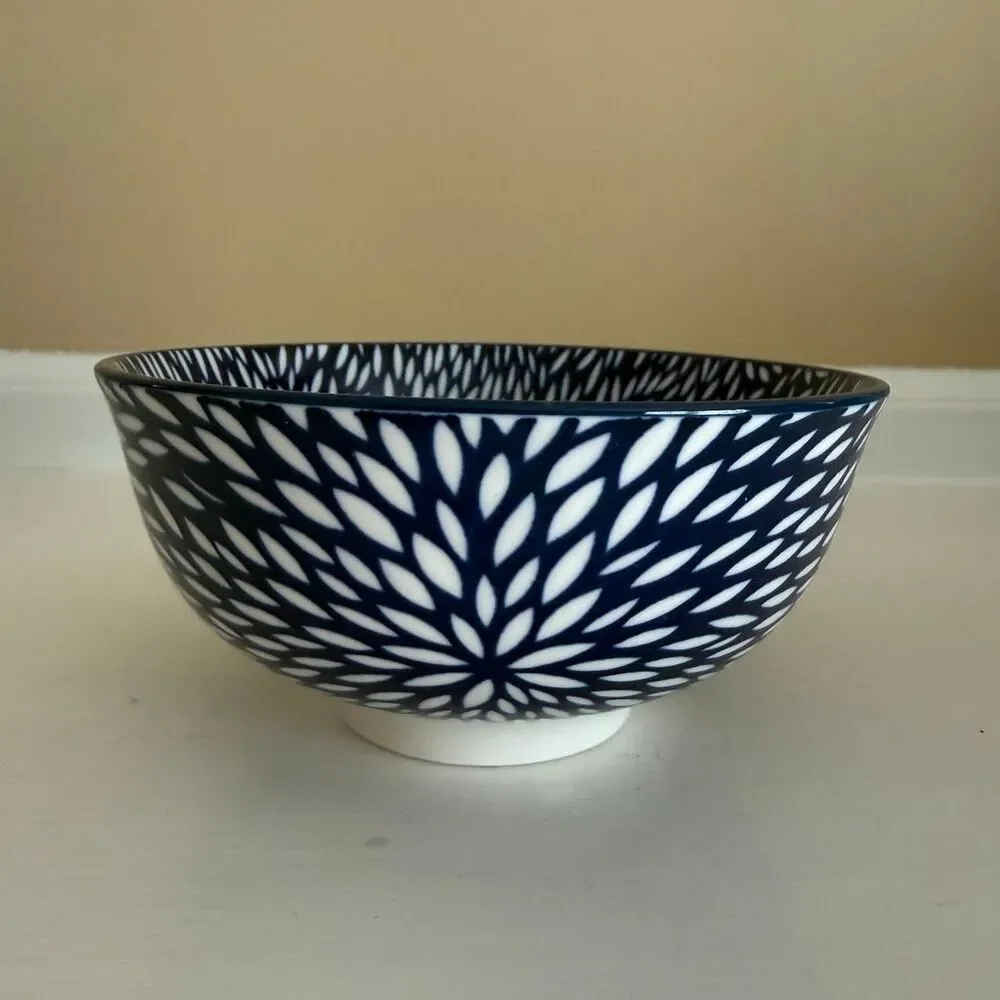 Emika Blue & White Pattern Bowl | Indigo Floral Burst Interior | Small Ceramic B